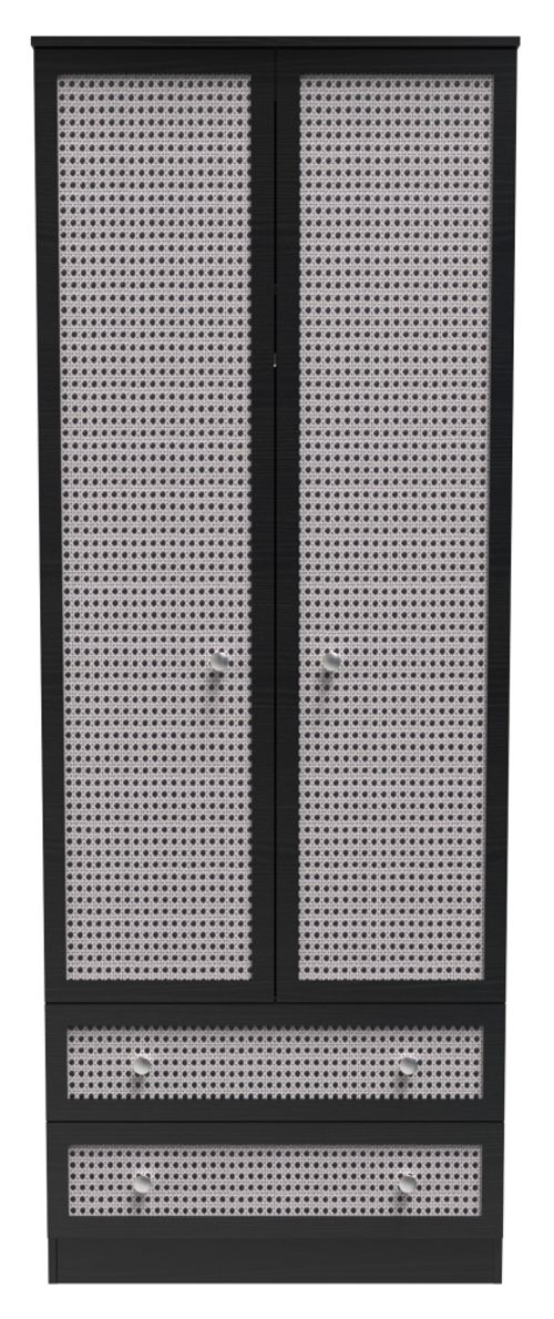 Rattan and Black Ash 2 Door 2 Drawer Tall Wardrobe