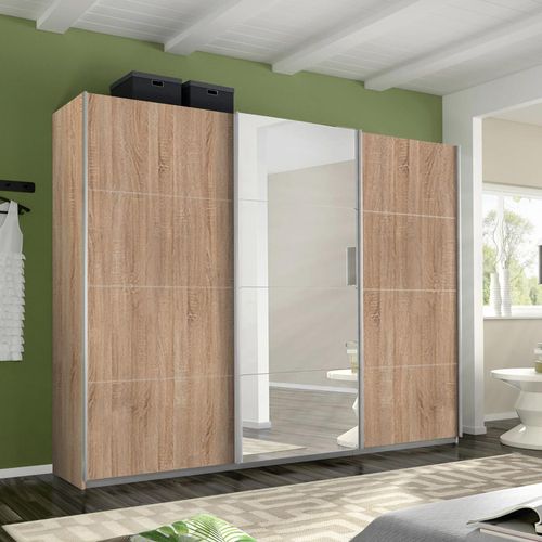Rauch Belluno 271cm 3 Door Sliding Wardrobe with Mirror - Sonoma Oak