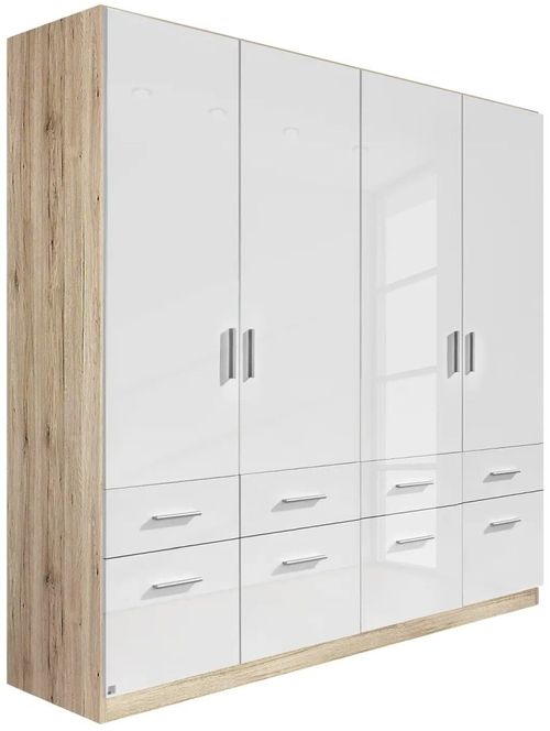 Rauch Celle 181cm Sonoma Oak and White Gloss 4 Door Wardrobe with Drawers