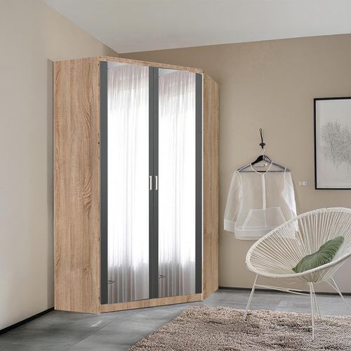 Rauch Celle Super 117cm 2 Door Corner Wardrobe with Mirror - Sonoma Oak and Metallic Dark Grey