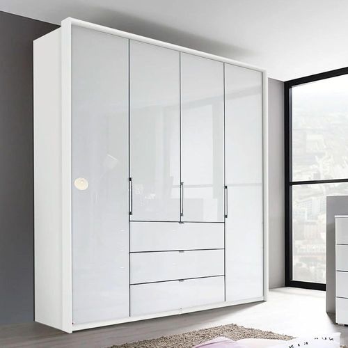 Rauch Erimo 204cm 4 Door Wardrobe with 3 Drawer - Alpine White and Crystal White Glass