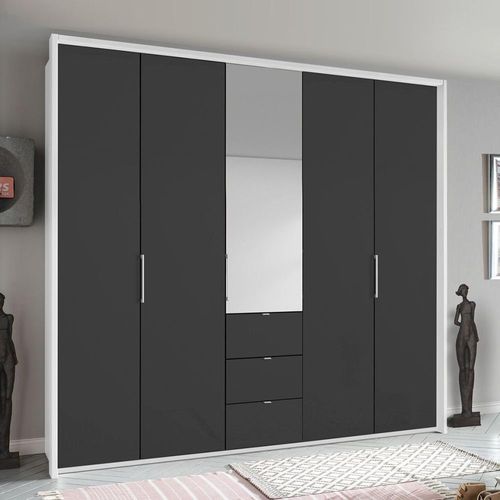 Rauch Erimo 254cm 5 Door Combi Wardrobe with 3 Drawer - Alpine White and Basalt Glass