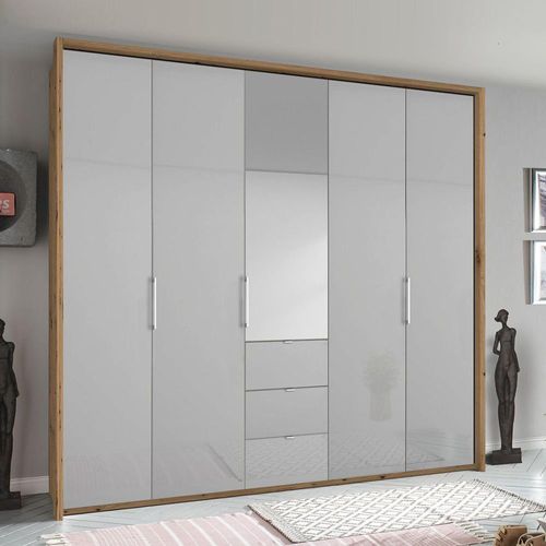 Rauch Erimo 254cm 5 Door Combi Wardrobe with 3 Drawer - Artisan Oak and Silk Grey Glass