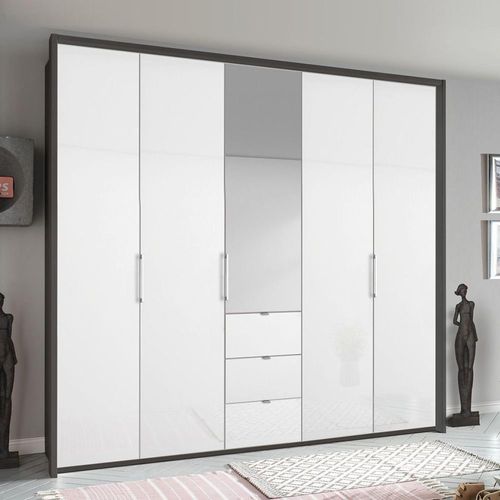 Rauch Erimo 254cm 5 Door Combi Wardrobe with 3 Drawer - Graphite and Crystal White Glass