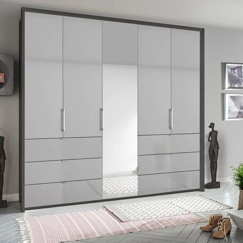 Rauch Erimo 254cm 5 Door Combi Wardrobe with 6 Drawer - Graphite and Silk Grey Glass
