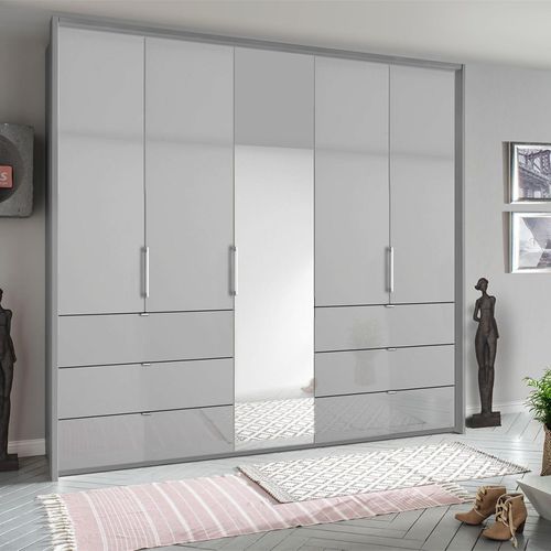 Rauch Erimo 254cm 5 Door Combi Wardrobe with 6 Drawer - Silk Grey and Silk Grey Glass