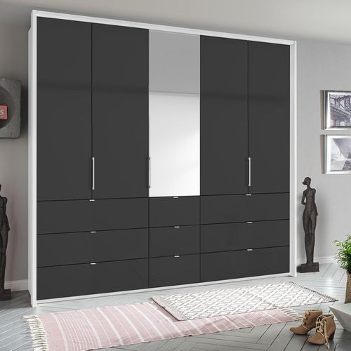 Rauch Erimo 254cm 5 Door Combi Wardrobe with 9 Drawer - Alpine White and Basalt Glass