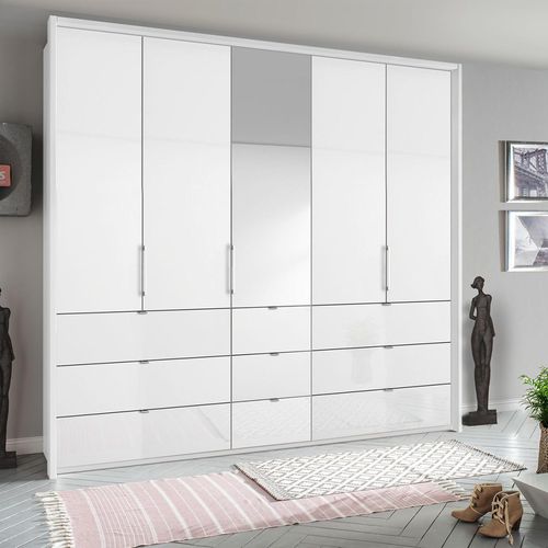 Rauch Erimo 254cm 5 Door Combi Wardrobe with 9 Drawer - Alpine White and Crystal White Glass