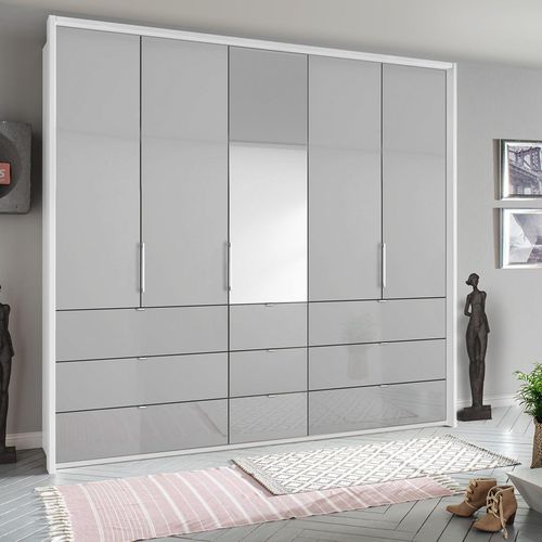 Rauch Erimo 254cm 5 Door Combi Wardrobe with 9 Drawer - Alpine White and Silk Grey Glass