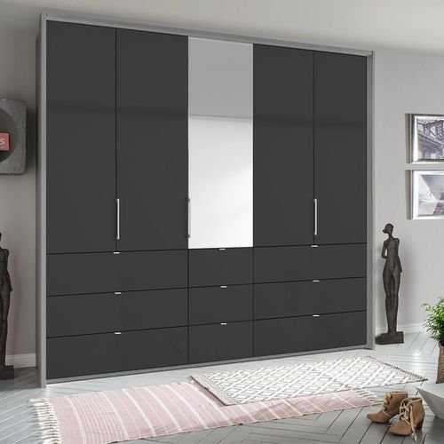 Rauch Erimo 254cm 5 Door Combi Wardrobe with 9 Drawer - Silk Grey and Basalt Glass
