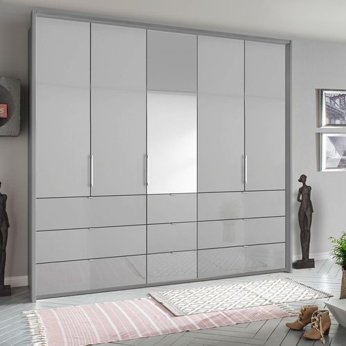 Rauch Erimo 254cm 5 Door Combi Wardrobe with 9 Drawer - Silk Grey and Silk Grey Glass