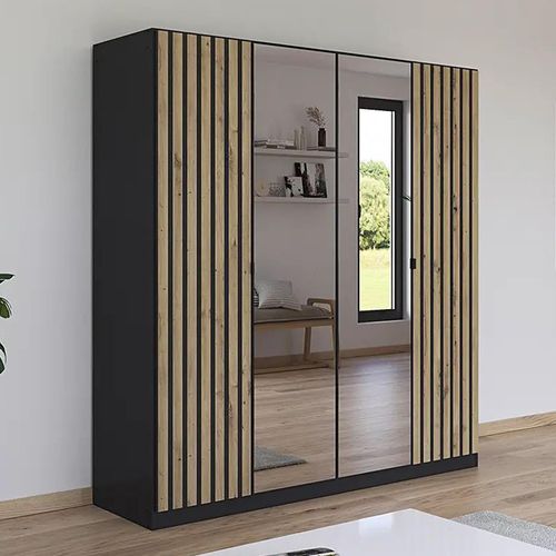 Rauch Genua 181cm 4 Door Wardrobe with Mirror - Metallic Dark Grey and Artisan Oak
