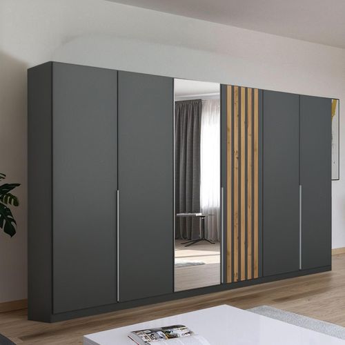 Rauch Lamella 271cm 6 Door Wardrobe with Mirror - Metallic Dark Grey and Artisan Oak