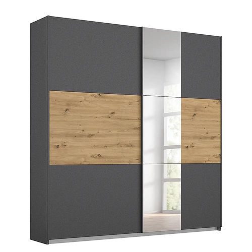 Rauch Miro 175cm 2 Door Sliding Wardrobe with Mirror - Metallic Dark Grey and Artisan Oak