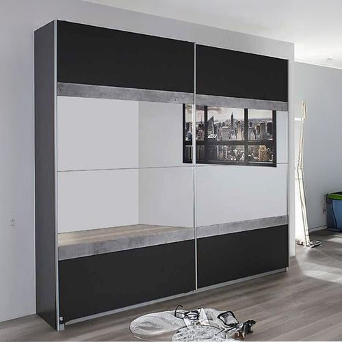 Rauch Penzberg 226cm 2 Door Sliding Wardrobe with Mirror - Metallic Dark Grey and Stone Grey