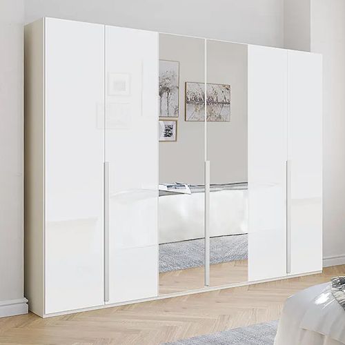 Purisma Wardrobe - 301cm - 6 Door - Mirror - Alpine White & Crystal White Glass