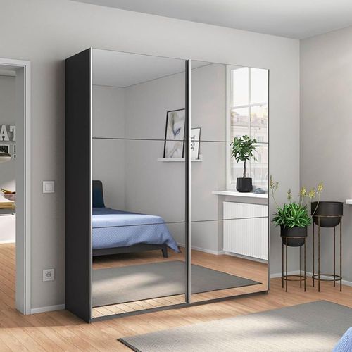Rauch Reflect 175cm 2 Door Mirrored Sliding Wardrobe with Interior Division - Metallic Dark Grey