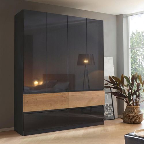 Rauch Winnipeg 181cm 4 Door Wardrobe - Metallic Dark Grey High Gloss and Halifax Oak