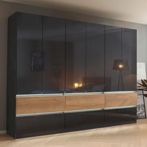 Rauch Winnipeg 271cm 6 Door Wardrobe - Metallic Dark Grey High Gloss and Halifax Oak