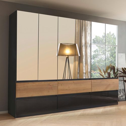 Rauch Winnipeg 271cm 6 Door Wardrobe with Mirror - Metallic Dark Grey High Gloss and Halifax Oak