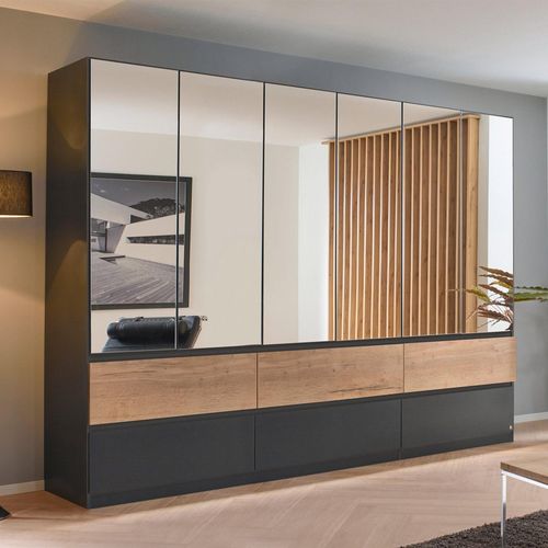 Rauch Winnipeg 271cm 6 Door Wardrobe with Mirror - Metallic Dark Grey and Halifax Oak