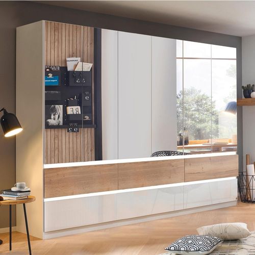 Rauch Winnipeg 271cm 6 Door Wardrobe with Mirror and Lighting - Alpine White High Gloss and Halifax Oak