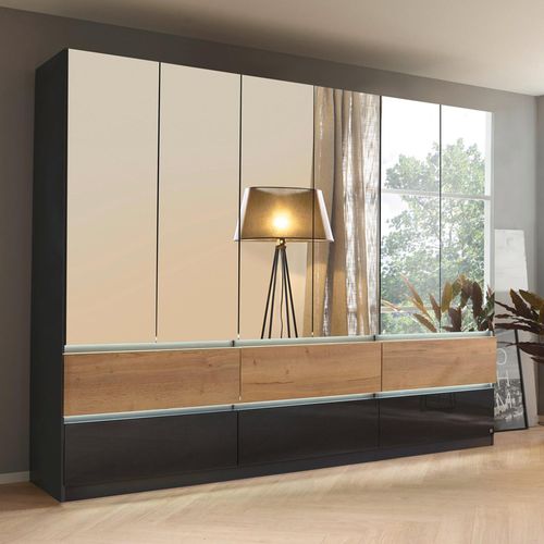 Rauch Winnipeg 271cm 6 Door Wardrobe with Mirror and Lighting - Metallic Dark Grey High Gloss and Halifax Oak