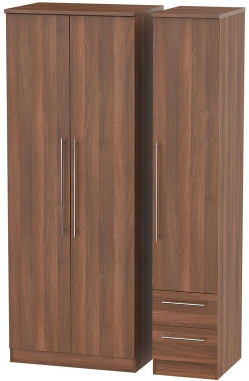 Sherwood Walnut Effect 3 Door Tall Triple Wardrobe - RHF 2 Drawers