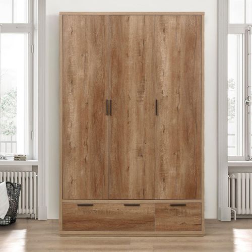 Stockwell Wardrobe - 3 Door - 2 Drawer - Rustic Oak