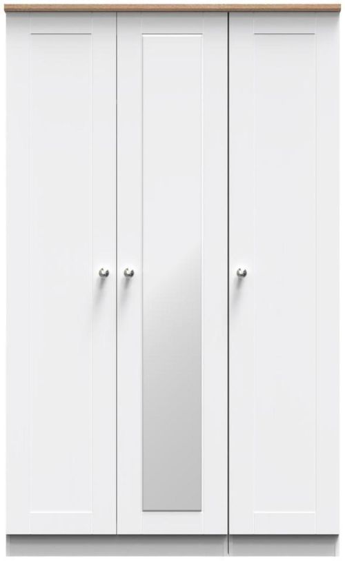 Sussex White and Oak Effect Oak 3 Door Tall Triple Wardrobe - 1 Mirror