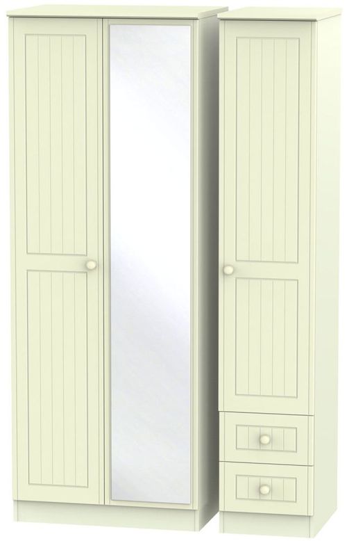 Warwick Cream 3 Door Tall Combi Wardrobe - 1 Mirror and RHF 2 Drawers
