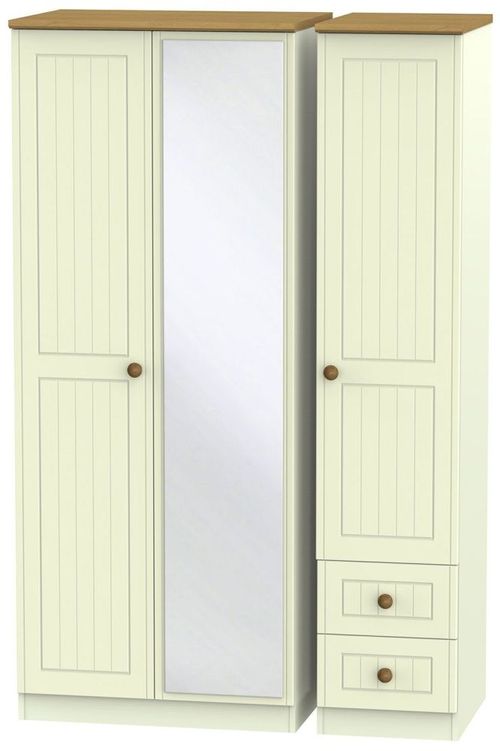 Warwick Cream and Oak 3 Door Combi Wardrobe - 1 Mirror and RHF 2 Drawers