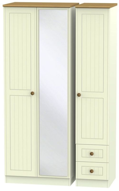 Warwick Cream and Oak 3 Door Tall Combi Wardrobe - 1 Mirror and RHF 2 Drawers