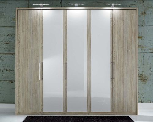 Berlin Oak and White Wardrobe - 5 Door Glass