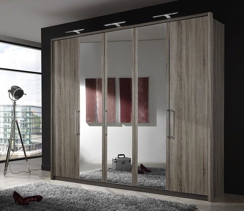 Berlin Dark Rustic Oak Wardrobe - 5 Door Mirror