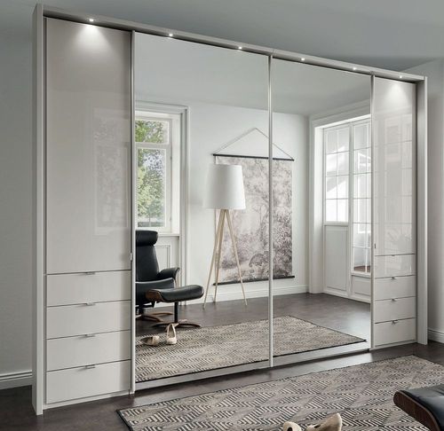 Nizza Sliding Wardrobe - 4 Door - Combi - White Glass with Passepartout