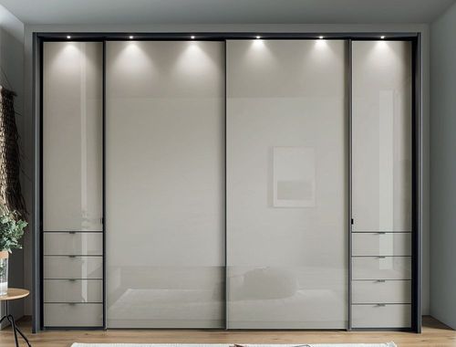 Nizza Sliding Wardrobe - 4 Door - Champagne Glass and Havana Carcase - 8 Drawers