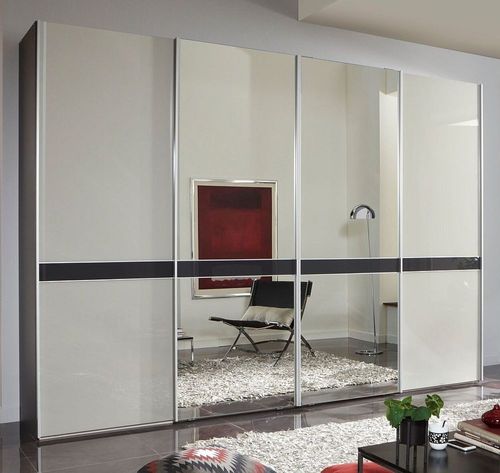 Rialto Sliding Wardrobe - 4 Door Mirror - White Glass and Graphite Trim - 300cm