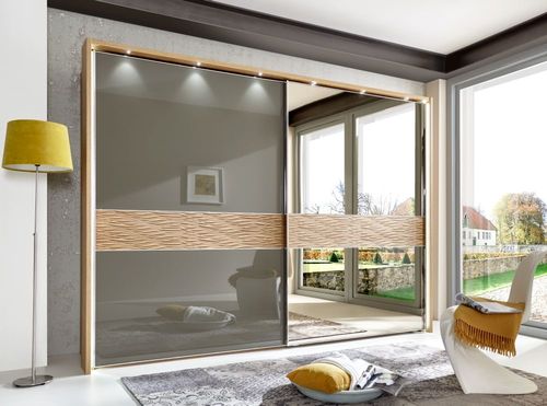 Wega Sliding Wardrobe - 2 Door Mirror - Oak and Havana Glass - RH