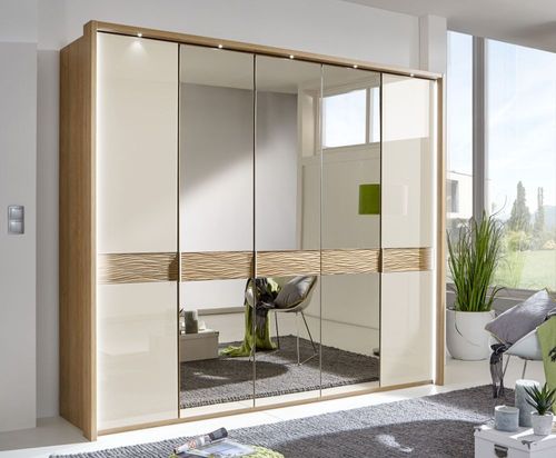 Wega Wardrobe - 5 Door Mirror - Oak and Champagne Glass