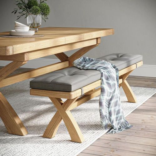 Normandy Dining Bench with Cross Leg - Grey Fabric - Oak
