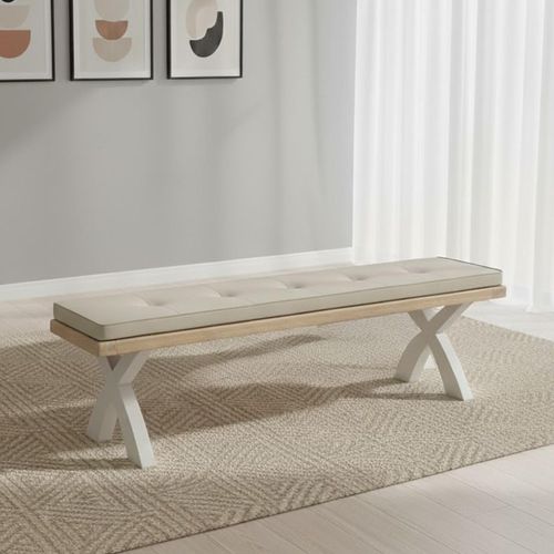 Salcombe Dining Bench with Cross Leg - Grey Oak -  Beige Fabric