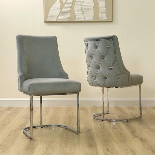 Casas Dining Chair - Set of 2 - Grey Velvet Fabric - Chrome Legs