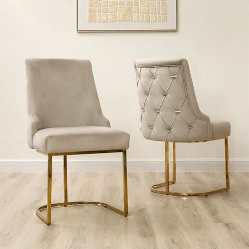 Casas Dining Chair - Set of 2 - Taupe Velvet Fabric - Gold Legs