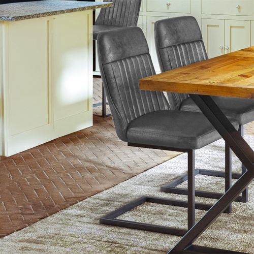 Vintage Dining Chairs - Set of 2 - Grey Faux Leather - Cantilever Base