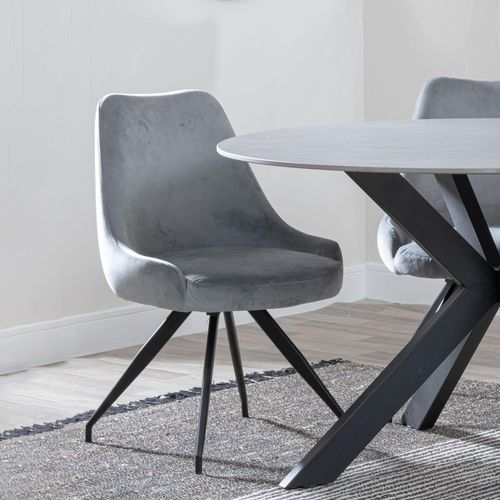 Arctic Grey Velvet Fabric Swivel Dining Chair with Black Legs