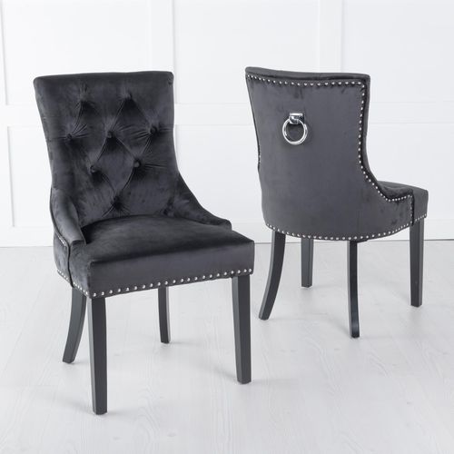Knocker Back Black Velvet Fabric Dining Chair with Black Wooden Legs