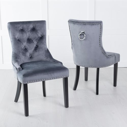 Knocker Back Grey Velvet Fabric Dining Chair with Black Wooden Legs
