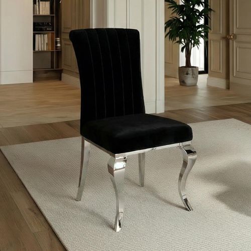 Louis Black Velvet Fabric Dining Chair with Chrome Legs