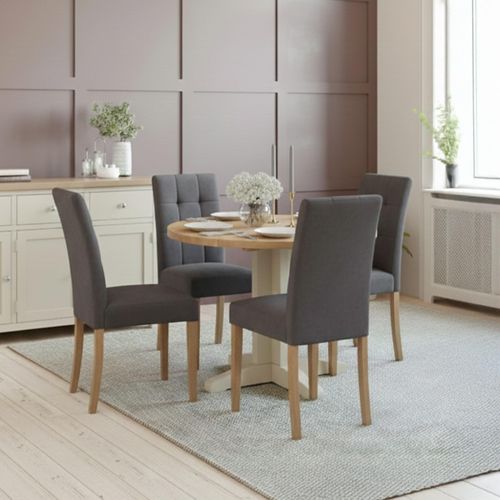 Lundy Round Drop Leaf Dining Set - 2-4 Seater - 30cm-90cm - Ivory Painted - 4 Graphite Fabric Dining Chair